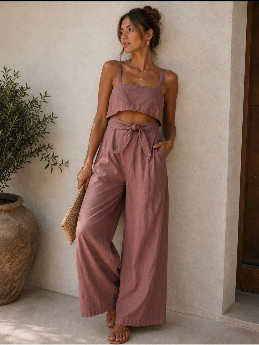 Derek Heart Mauve Wide-Leg Tie-Waist Jumpsuit